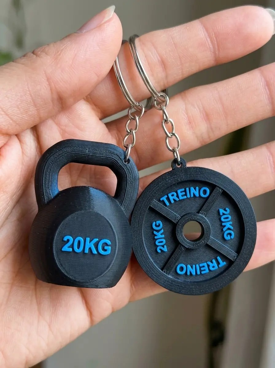 Chaveiros 3D de kettlebell e anilha para academia