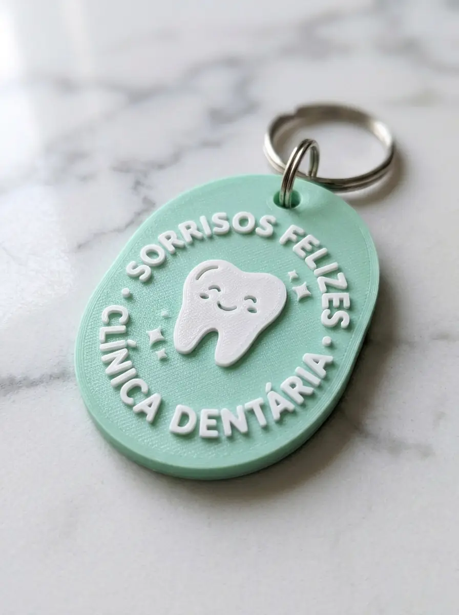 Chaveiro 3D de clínica odontológica com dente sorridente