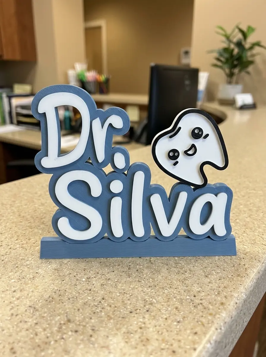 Placa 3D de consultório com nome do dentista