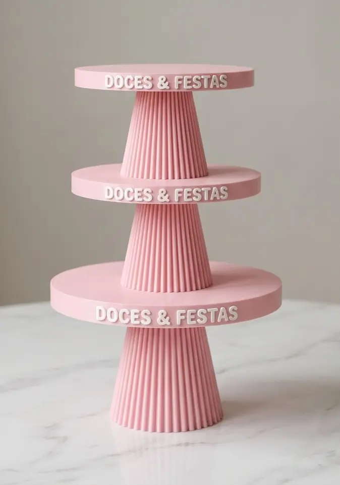 Suporte de doces 3D rosa com nome de loja de festas, para festa de aniversário