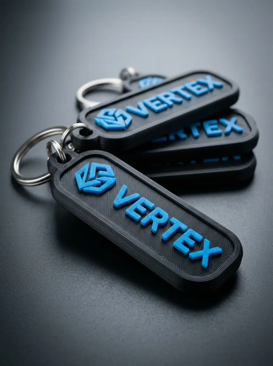 Chaveiros 3D pretos com logo azul em relevo
