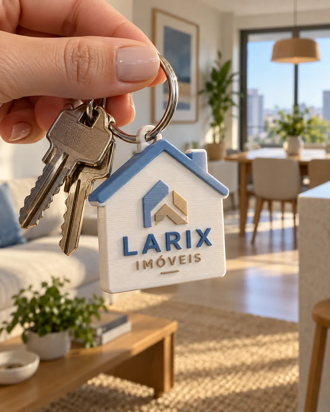 Chaveiro 3D em formato de casa com logo de imobiliária