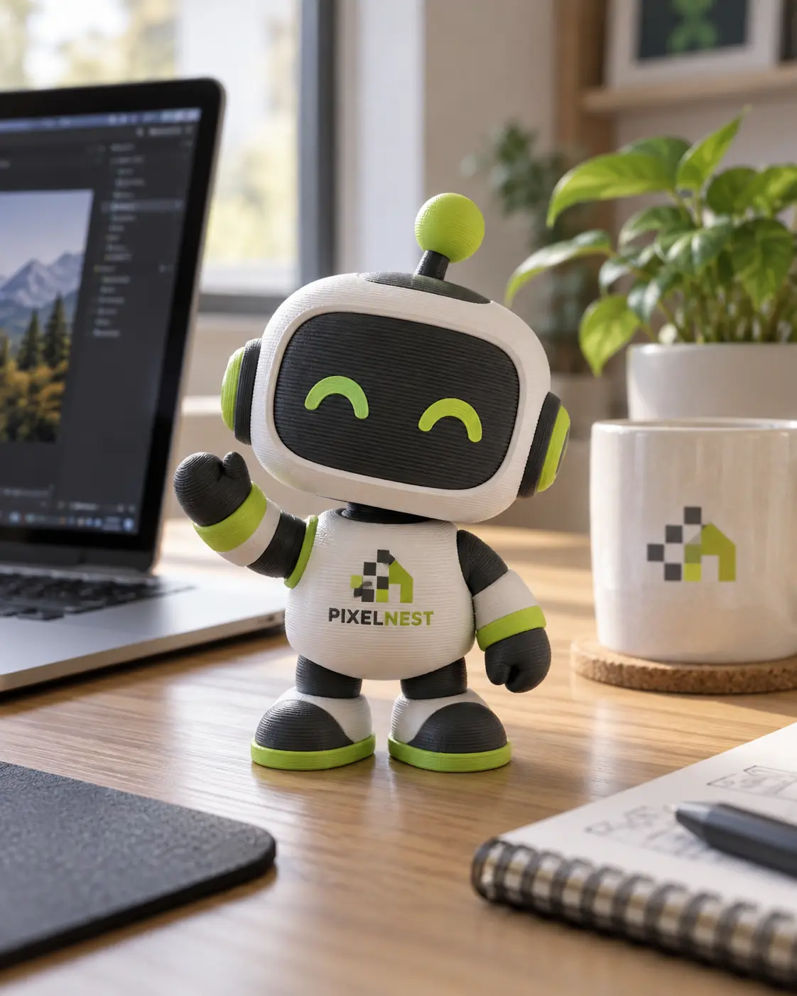 Mascote 3D de robô com logo da empresa