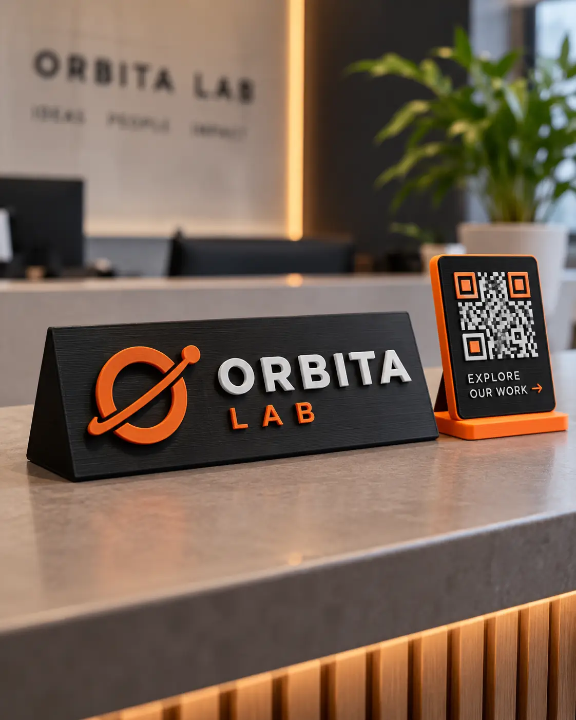 Placa de balcão 3D com logo e suporte de QR Code